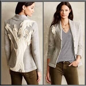 Anthropologie Rosie Neira Boiled Wool Jacket Tree Applique Gray Medium M